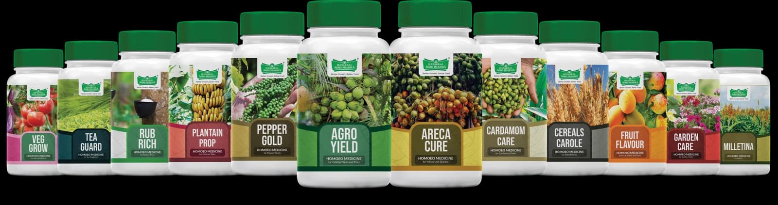 Manakkal Agro Pharma plant and crop care range — Veg Grow, Tea Guard, Rub Rich, Plantain Prop, Pepper Gold, Agro Yield, Areca Cure, Cardamom Care, Cereals Carole, Fruit Flavour, Garden Care and Milletina