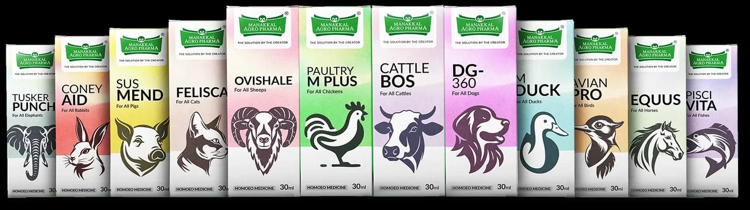 Manakkal Agro Pharma veterinary range — Tusker Punch, Coney Aid, Sus Mend, Felisca, Ovishale, Paultry M Plus, Cattle Bos, DG-360, M Duck, Avian Pro, Equus and Pisci Vita